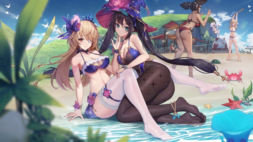 1boy 5girls absurdres anklet ass bangs bare_legs barefoot beach bikini black_hair blindfold blonde_hair blue_bikini blue_bow blue_eyes blue_headwear blue_leotard blurry blurry_foreground blush bow breasts cleavage closed_mouth crab curvy dark-skinned_female dark_hair dark_skin depth_of_field eyepatch fischl_(ein_immernachtstraum)_(genshin_impact) fischl_(genshin_impact) flower flower_in_hair full_body genshin_impact grass hair_over_one_eye hairbow hand_on_own_chin hat hat_flower highres jewelry kaedehara_kazuha large_breasts leotard long_hair lumine_(genshin_impact) mona_(genshin_impact) multiple_girls no_shoes orange_eyes paimon_(genshin_impact) plant red_bikini red_eyes red_flower side-tie_bikini sitting smile starfish swimsuit tiara twintails very_long_hair white_bikini witch_hat xingchee xinyan_(genshin_impact)