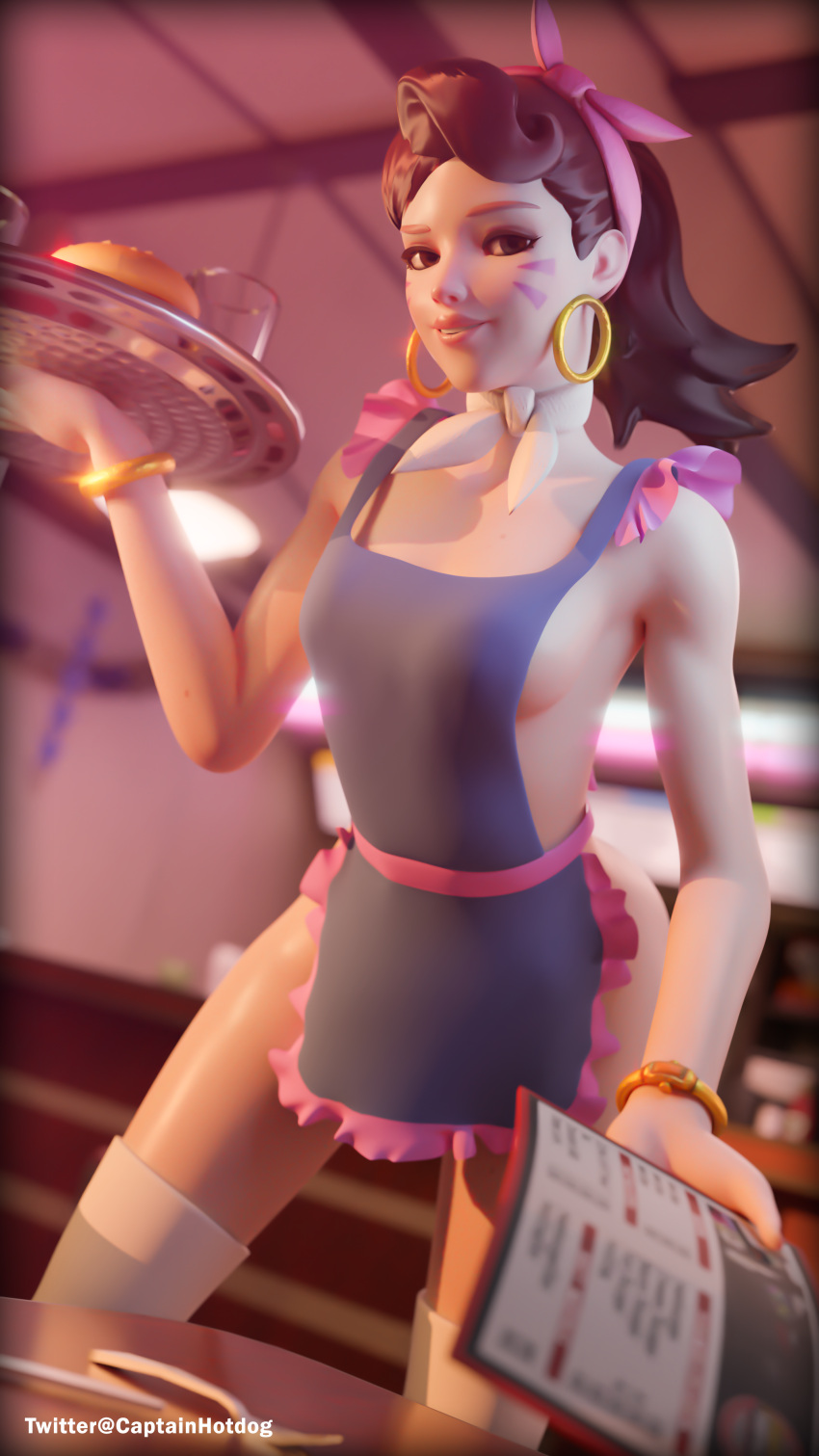 1girls 3d apron blizzard_entertainment brown_hair captain_hotdog cruiser_d.va d.va earrings female female_only hoop_earrings light-skinned_female light_skin looking_at_viewer naked_apron overwatch pale-skinned_female pale_skin short_hair solo waiter