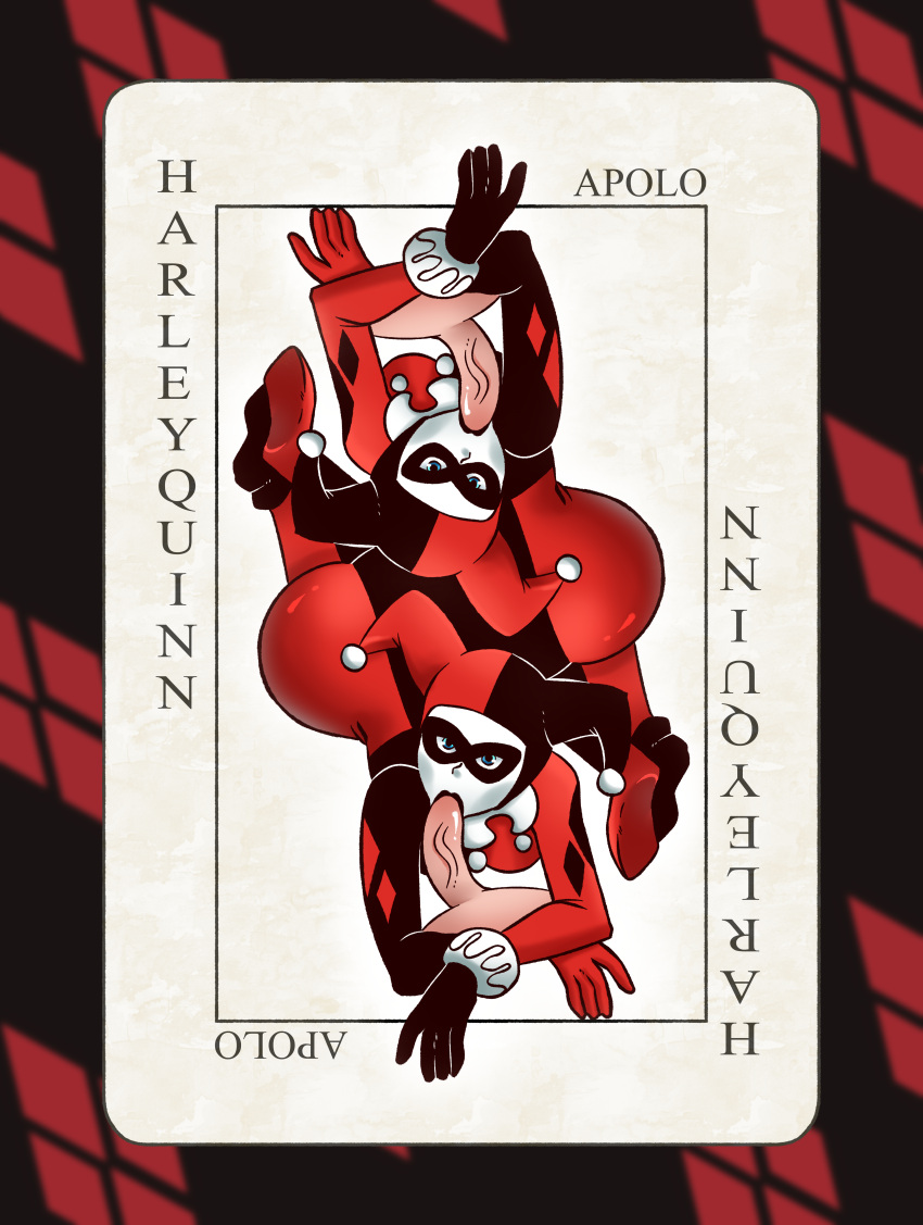 1girls :>= apolloart18 apolo_18 ass batman:_the_animated_series batman_(series) big_ass black_lipstick blowjob bodysuit card card_game dc dc_comics dcau fellatio female female_focus harley_quinn harley_quinn_(classic) jester jester_cap penis playing_card skin_tight