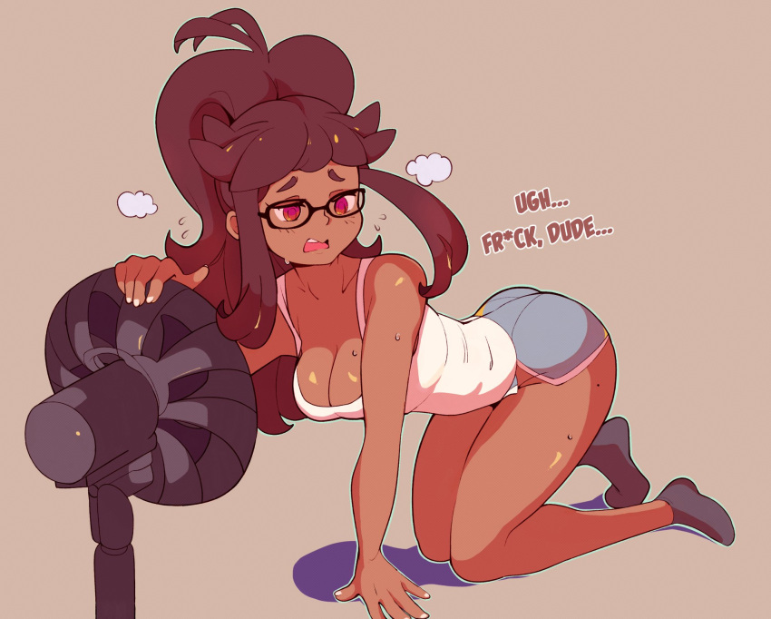 brown_hair cooling_off dark-skinned_female electric_fan fan female female_focus female_only female_solo glasses hand_on_fan mari mari(tiaramisstsu) open_mouth original_character shorts socks solo solo_female sweat sweaty_body sweaty_breasts sweaty_thighs tank_top thighs tiaramisstsu white_tank_top