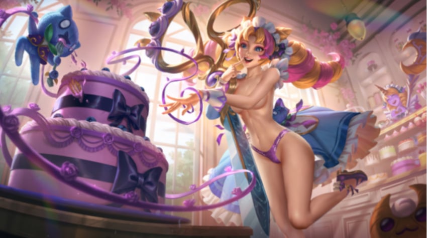 bakery bare_legs cafe_cutie_gwen cafe_cuties_series detached_cuffs gwen_(league_of_legends) indoors league_of_legends mary_janes multicolored_hair no_bra panties purple_panties richtofen scissors shoes twin_drills twintails