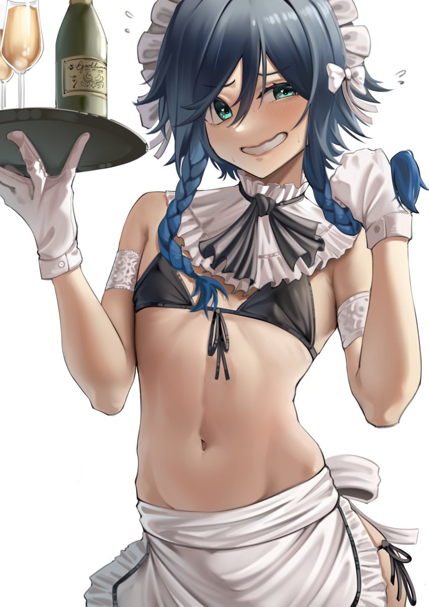 1boy alcohol androgynous apron bikini bikini_top black_bikini blush braid drink embarrassed femboy genshin_impact gloves harris_hero hi_res looking_at_viewer maid male male_only midriff navel serving_tray side-tie_panties smile sweatdrop trap twin_braids underwear venti_(genshin_impact) waist_apron waitress waitress_uniform wavy_mouth