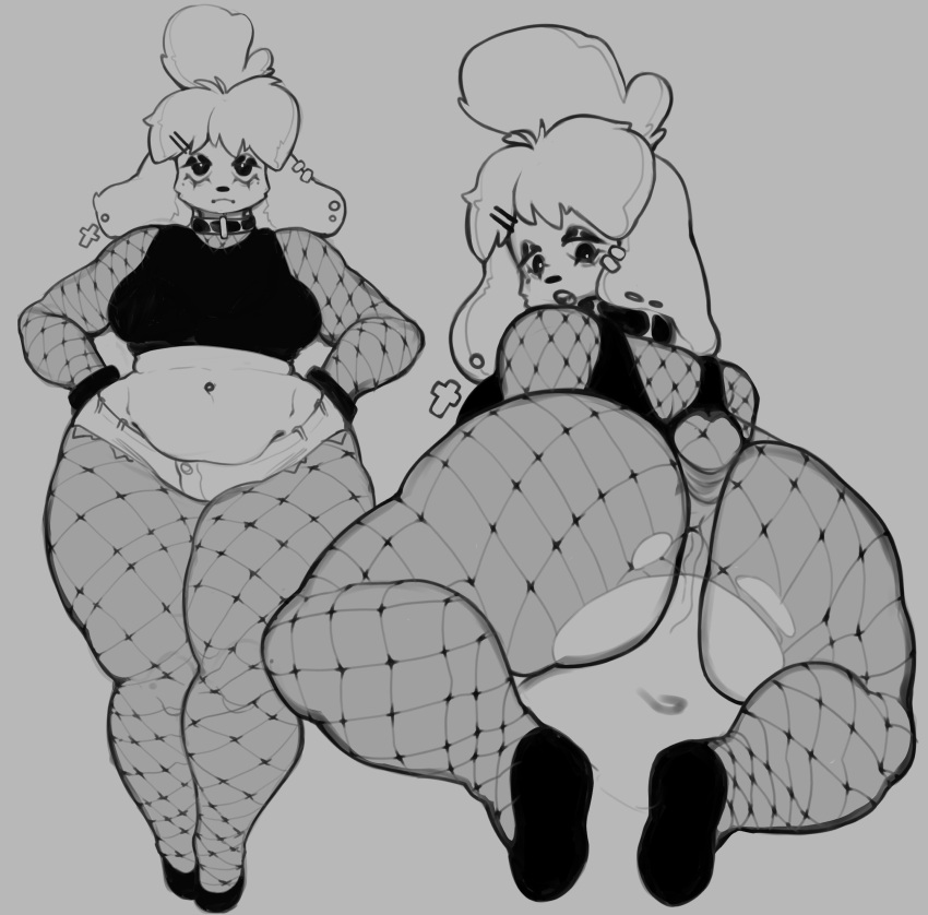 1girls animal_crossing anthro ass buttjob canid canine eyelashes eyeliner female fishnet_pantyhose fishnet_shirt fishnets furry goth gothabelle gothified grey_background huge_ass isabelle_(animal_crossing) monochrome nintendo piccolonsfw piercing piercings solo