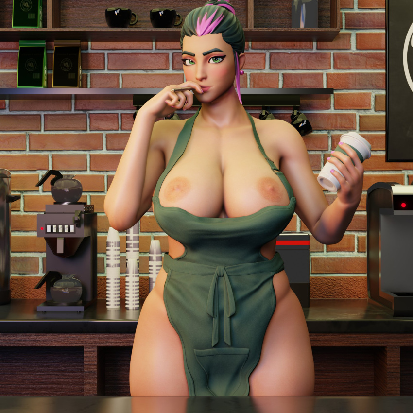 1girls 3d big_breasts breasts breasts_out eyebrows eyelashes eyeshadow female female_only fortnite fortnite:_battle_royale green_eyes human iced_latte_with_breast_milk light-skinned_female light_skin meme mostly_nude nail_polish naked nipples nude_female pink_nails short_hair singularity_(fortnite) solo solo_female starbucks straight thighs two_tone_hair