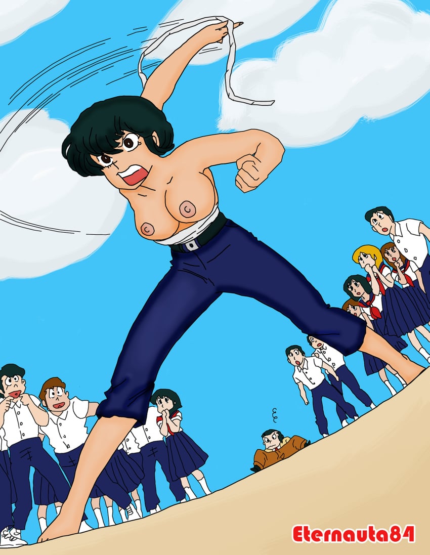 1girls 2018 bandage black_hair breasts brown_eyes eternauta84 exhibitionism female green_hair human large_breasts light-skinned_female light_skin male nipples open_mouth pants public ryuunosuke_fujinami school_uniform short_hair solo_focus tomboy urusei_yatsura