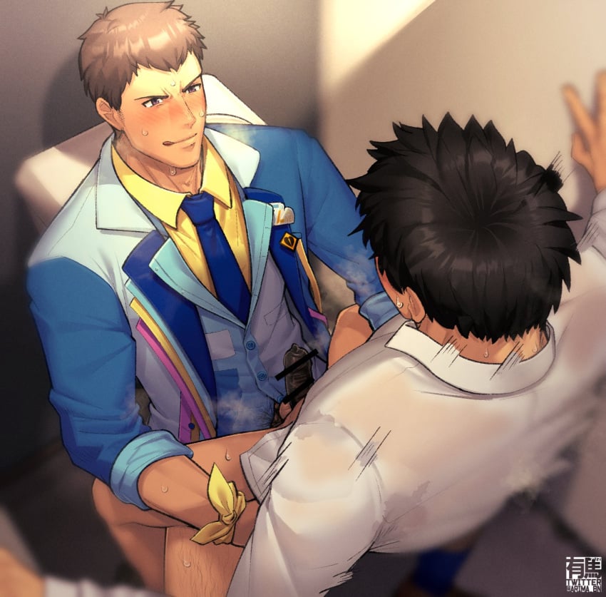 2boys arima_(arima_bn) atlus bar_censor idolmaster idolmaster_side-m male male/male male_focus male_only male_penetrating_male muscle muscles pecs producer_(idolmaster) shingen_seiji smile toilet toilet_stall tongue_out