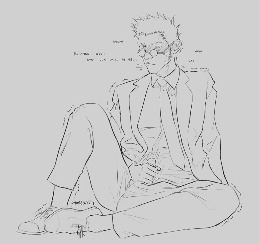 1boy clothed_masturbation english_text hunter_x_hunter leorio_paladiknight male male_masturbation male_only masturbation monochrome sketch solo suit text