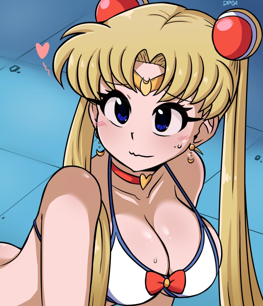 1girls bikini bikini_top bishoujo_senshi_sailor_moon blonde_hair blue_eyes blush choker cleavage darkprincess04 female female_only heart highres large_breasts nervous sailor_moon sailor_moon_redraw_challenge solo swimsuit twintails usagi_tsukino