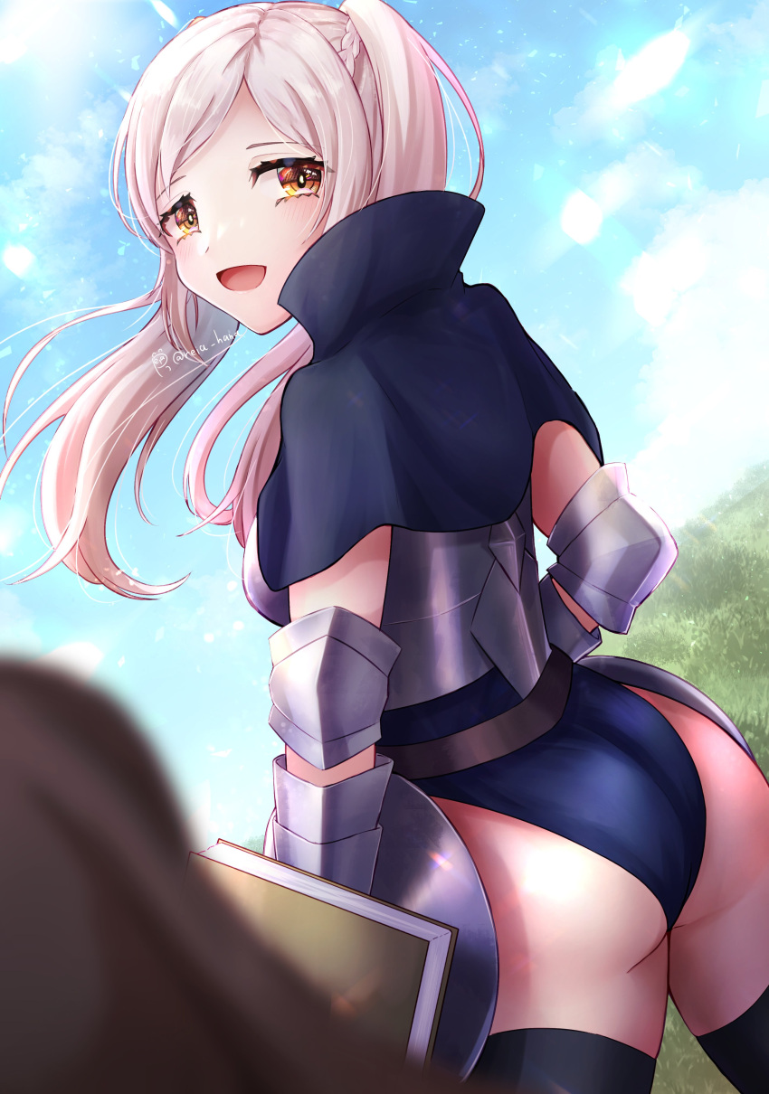 1girls alternate_costume ass ass_focus bare_thighs big_ass book breasts brown_eyes fire_emblem fire_emblem_awakening grey_hair leotard long_hair looking_back nintendo open_mouth outdoors reia_hana robin_(fire_emblem) robin_(fire_emblem)_(female) sky smile solo thighhighs thighs twintails