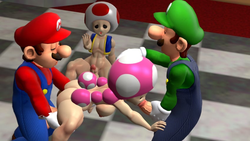 1girls 3boys 3d areolae ass auta big_ass big_breasts big_butt black_sclera blowjob closed_eyes clothing covering_eyes cuck cucked_by_human cuckold despair double_penetration female left_out luigi mario mario_(series) mushroom netorare nintendo ntr nude super_mario_bros. tagme thick_thighs threesome toad_(mario) toadette upset watching watching_sex