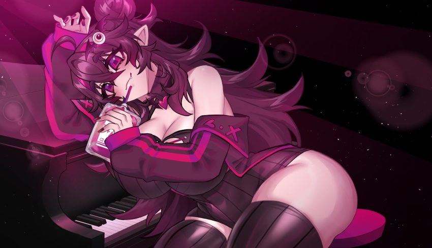 1girls big_breasts cleavage curvy dark_hair elizabeth_(osiimi) hair_bun hair_ornament huge_breasts long_hair looking_at_viewer messy_hair original original_character osiimi pale-skinned_female pale_skin piano pointy_ears sitting solo thick_thighs thighhighs vampire wide_hips