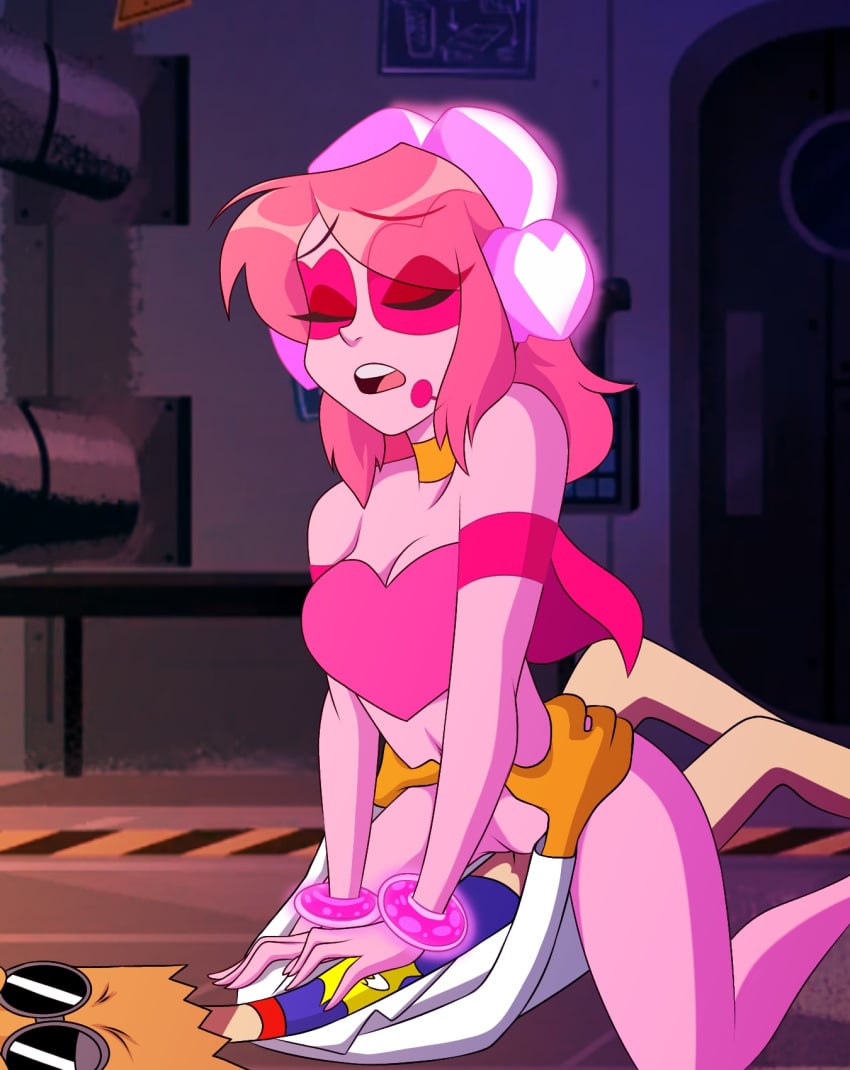 1boy 1girls 2d cartoon_network clothing cowgirl_position dr._flug_(villainous) faceless_male female hi_res male/female medium_hair miss_heed_(villainous) pink_body pink_clothing pink_hair pussy scientist sex superheroine tagme uroboros_(artist) vaginal_penetration villain villainous