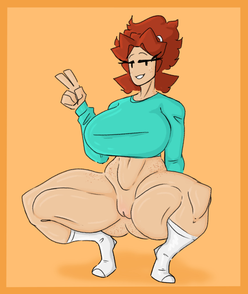 big_breasts ginger half_naked huge_ass huge_breasts light-skinned_female mae_(shewiff) mob_face muscular_legs peace_sign red_hair shewiff smiling squat squatting thick thick_thighs wide_hips |_|