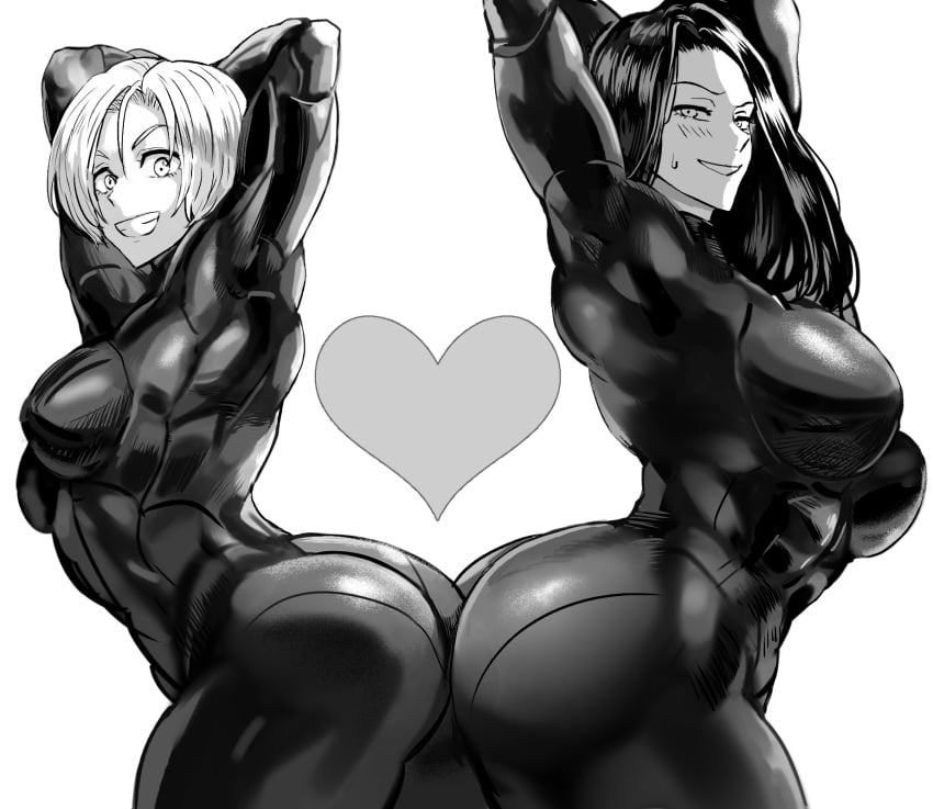 2021 2girls arms_up asami_(one-punch_man) ass ass_to_ass big_ass big_breasts bodysuit breasts daraz18aka duo duo_focus female female_focus female_only greyscale long_hair looking_at_viewer medium_breasts monochrome noria_(one-punch_man) one-punch_man short_hair simple_background skin_tight smile smiling sweatdrop tight_clothes tight_clothing tight_fit white_background