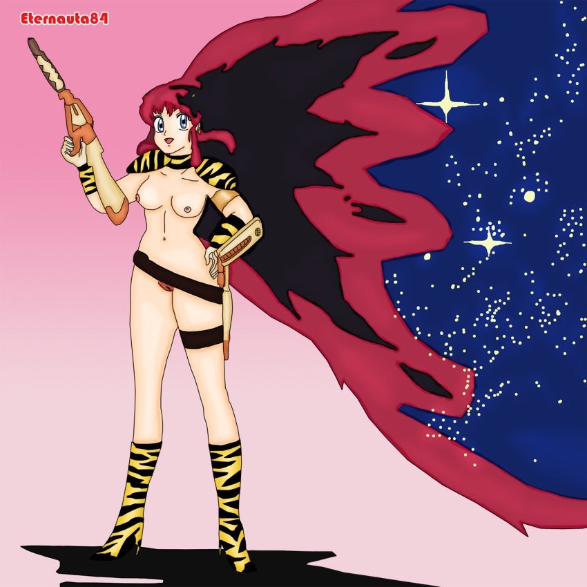 1girls 2018 belly black_hair blue_eyes boots breasts eternauta84 female green_hair gun heels holster horns humanoid large_breasts light-skinned_female light_skin long_hair lum nipples oni oni_female oni_girl pointy_ears princess red_hair smile solo standing tiger_print urusei_yatsura very_long_hair weapon