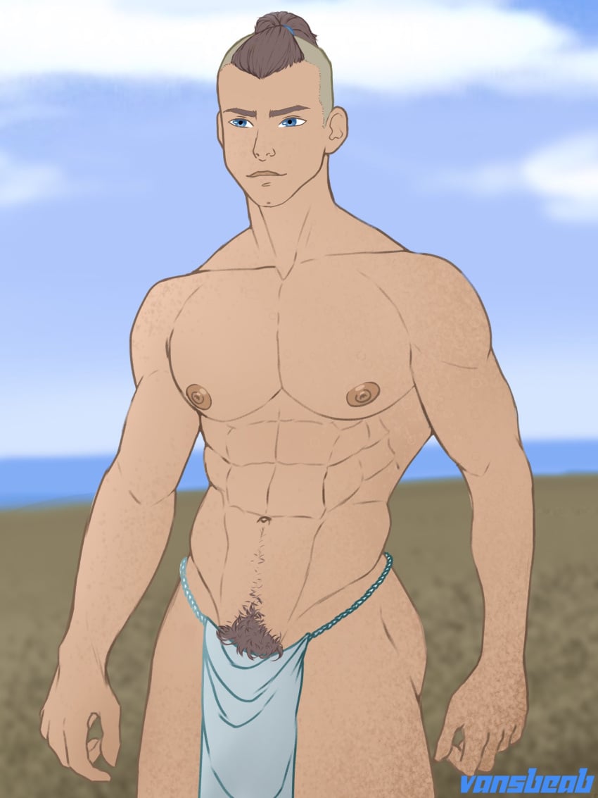 1boy abs avatar_the_last_airbender bara beach blue_eyes brown_hair clothing dark-skinned_male dark_hair dark_skin fundoshi loincloth male male_nipples male_only male_pubic_hair muscular muscular_male native_american_male pecs pubic_hair smooth_skinned_male softcore sokka solo teasing topknot vansbeab