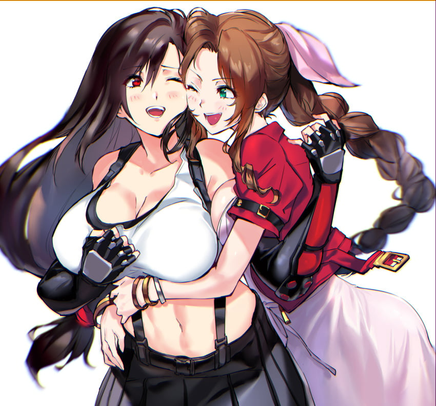 2girls aerith_gainsborough bangs black_hair blush bow bracelet bracelets braid braided_hair breasts brown_hair colored crop_top dress exposed_shoulders final_fantasy final_fantasy_vii fingerless_gloves gloves green_eyes hug jacket large_breasts long_gloves long_hair navel negresco pink_bow red_eyes skirt smile smiling square_enix swept_bangs tagme tifa_lockhart yuri