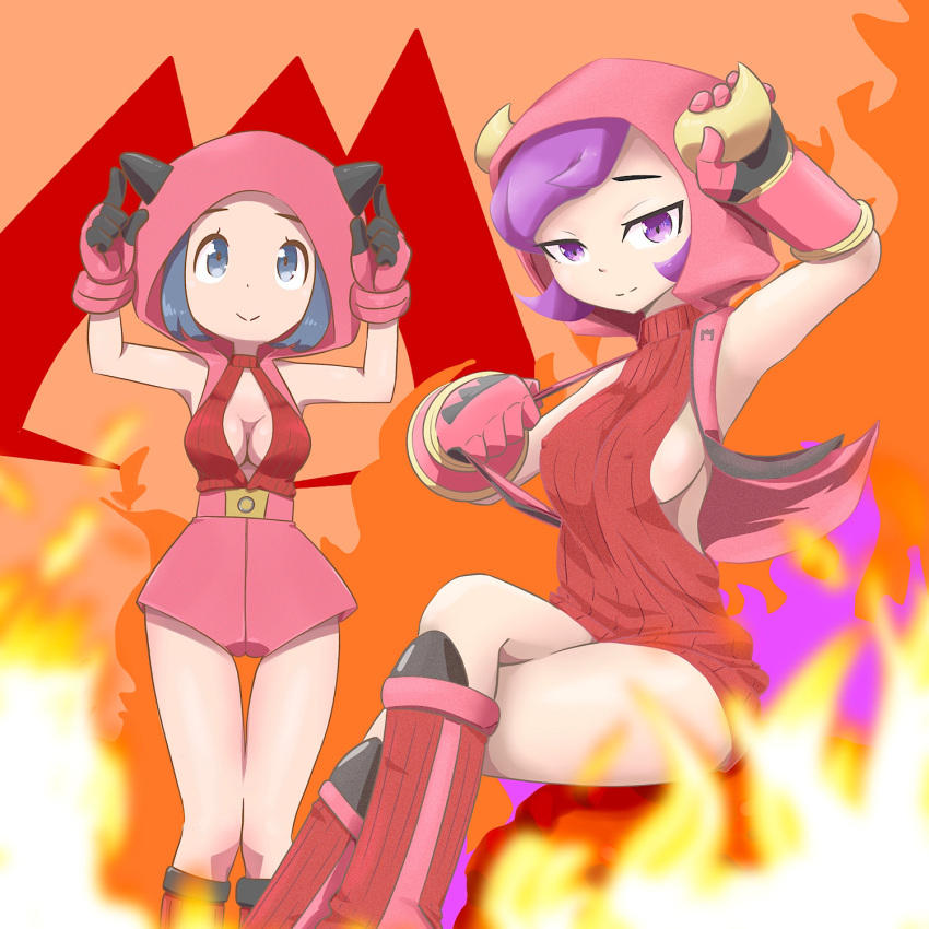 2girls breasts cleavage clothed clothed_female courtney_(pokemon) courtney_(pokemon_oras) crossed_legs female female_focus female_only female_team_magma_grunt female_team_magma_grunt_(pokemon_oras) hood horned_hood horns legs light-skinned_female light_skin microsd_(artist) multiple_girls nintendo pokemon pokemon_oras pokemon_rse sideboob team_magma team_magma_grunt team_magma_grunt_(female) team_magma_grunt_(pokemon_oras) thick_thighs