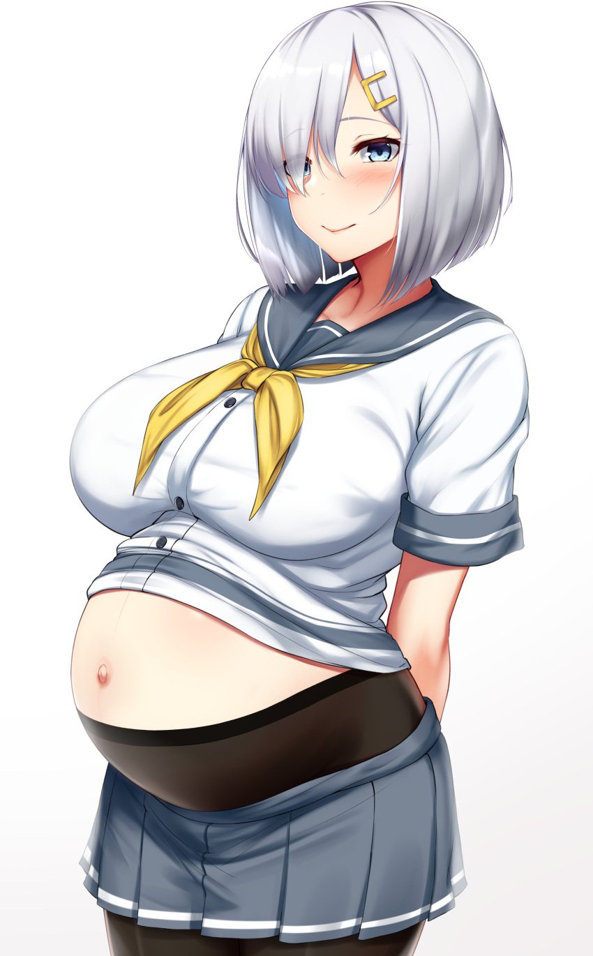 arms_behind_back big_breasts blue_eyes blush bob_cut clothing female female_only fully_clothed hair_over_one_eye hairclip hamakaze_(kantai_collection) kantai_collection kusahagane looking_at_viewer maternity_pantyhose pantyhose pleated_skirt pregnant serafuku shirt_up short_hair short_sleeves smile solo white_hair