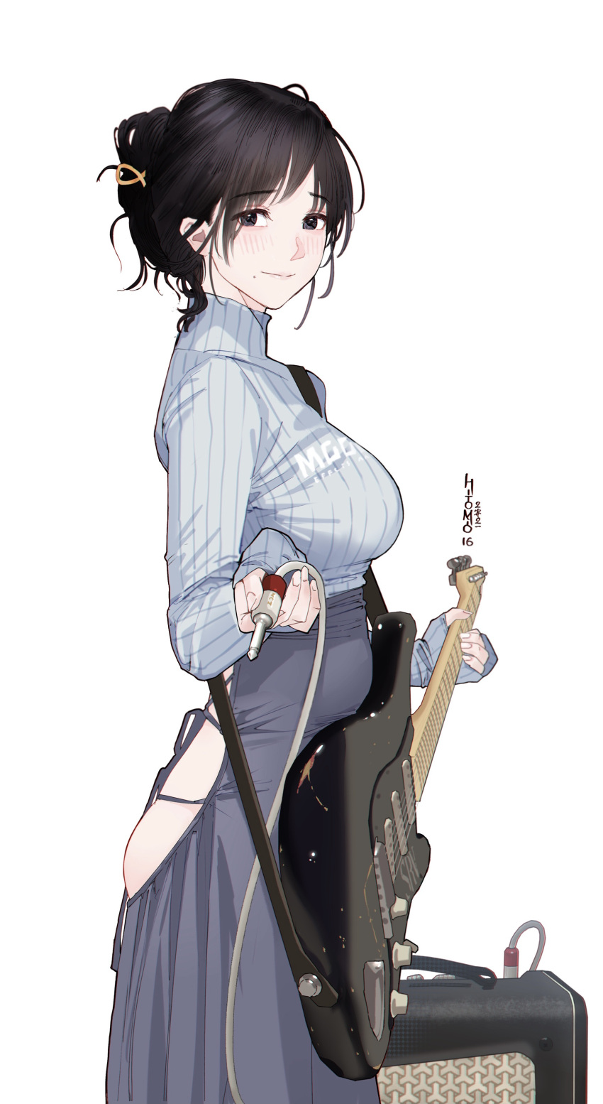 1girls absurdres amplifier amplifier_(instrument) ass ass_cutout assless_skirt black_eyes black_hair blush breasts cowboy_shot electric_guitar exposed_ass female fender_(brand) fender_stratocaster folded_ponytail guitar highres hitomi_o instrument light-skinned_female light_skin long_skirt looking_at_viewer medium_breasts mole mole_under_mouth original simple_background skirt solo standing sweater turtleneck turtleneck_sweater white_background