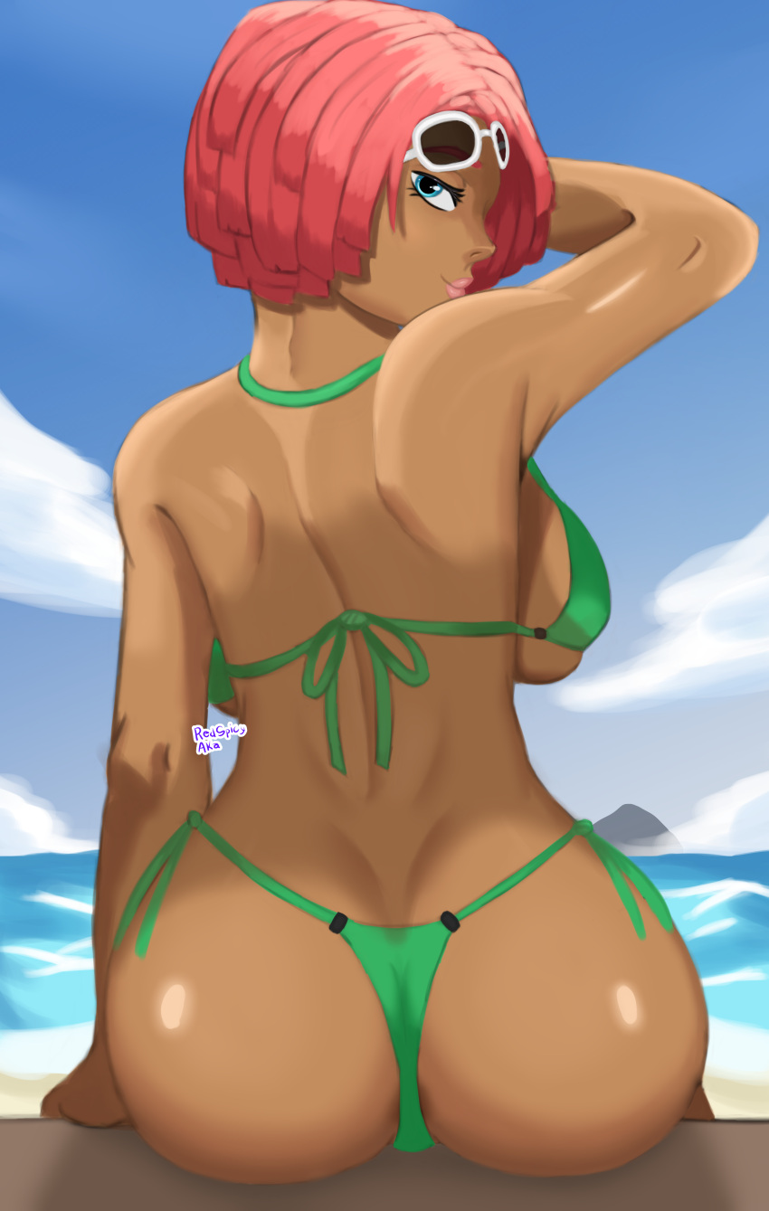 alternate_costume ass backboob big_ass brazilian brazilian_female bubble_butt female giovanna_(guilty_gear) guilty_gear looking_back rear_view sitting solo spicyakai swimsuit tagme tan tan_body tan_skin