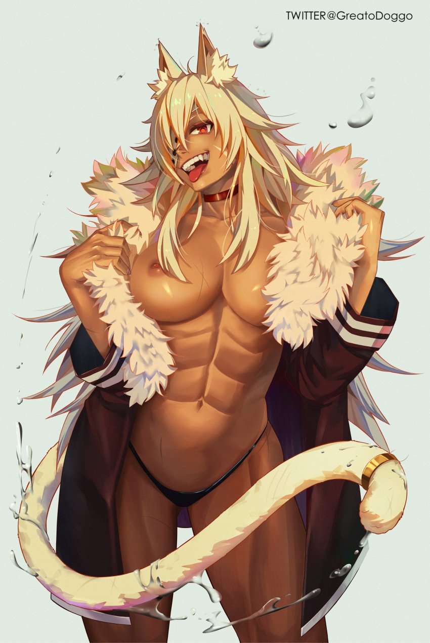 abs animal_ears breasts female ghislaine_dedoldia greatodoggo muscles muscular_female mushoku_tensei navel solo tail thong