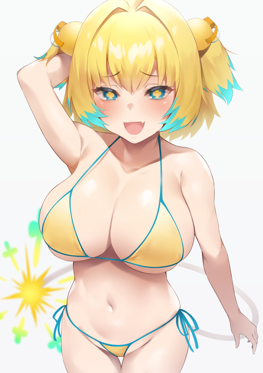 1girls 2021 arm_up belly_button bikini blonde_hair blue_eyes blue_hair blush bombergirl breasts cute_fang female female_focus female_only hair_ornament huge_breasts looking_at_viewer open_mouth pine_(bombergirl) short_hair side-tie_bikini simple_background smile symbol-shaped_pupils thick_thighs thighs two_tone_eyes two_tone_hair unusual_pupils usa_b white_background yellow_bikini