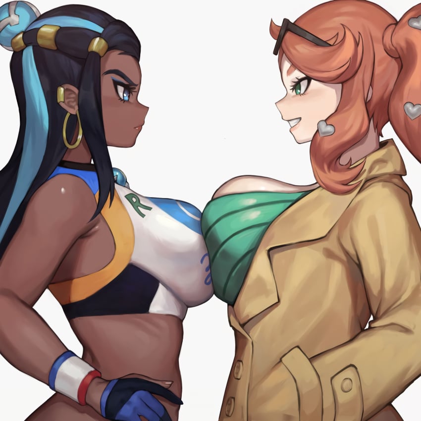 2019 2girls alternate_breast_size angry asymmetrical_docking big_breasts breast_envy breast_frottage breasts catfight chocolate_and_vanilla cinko cleavage coat competition dark-skinned_female dark_skin deep_skin eyewear_on_head female female_only hair_bun hi_res highres huge_breasts human human_only large_breasts looking_at_another nessa_(pokemon) nintendo open_coat pokemon pokemon_ss rivalry shirt side_view size_comparison smile sonia_(pokemon) staredown