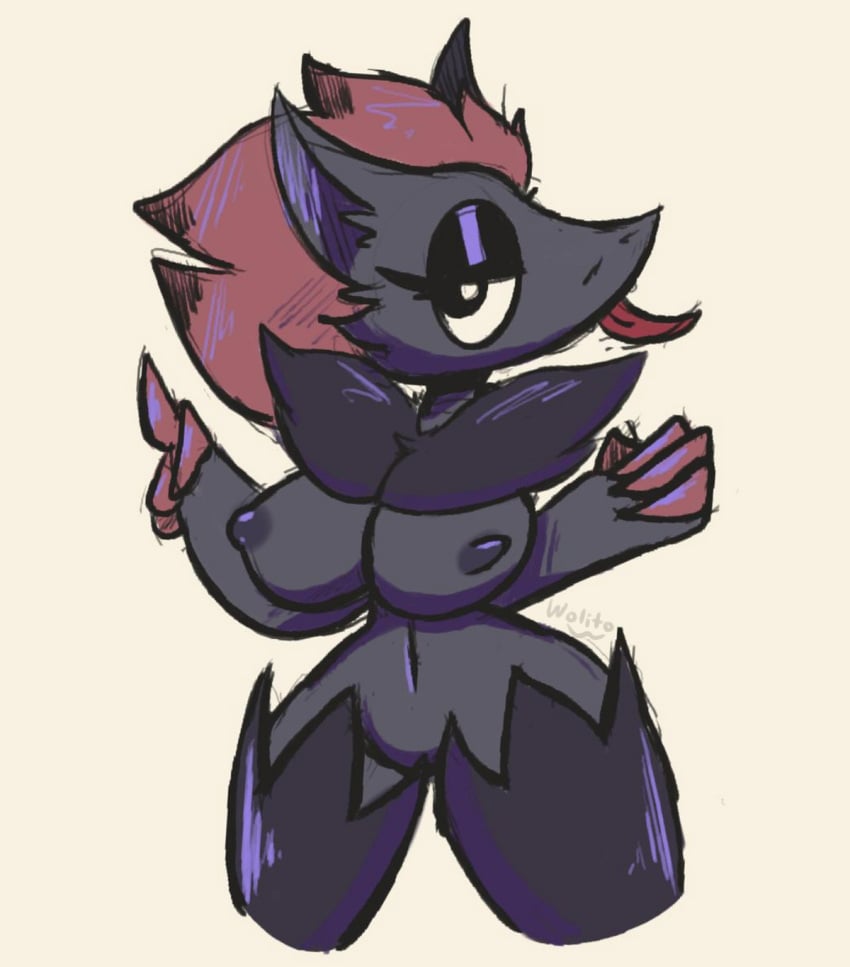 anthro areola big_breasts black_body black_fur black_nipples breasts claws featureless_crotch female fur hair hi_res nintendo nipples pokémon_(species) pokemon pokemon_(species) red_claws red_hair solo video_games wolito zoroark