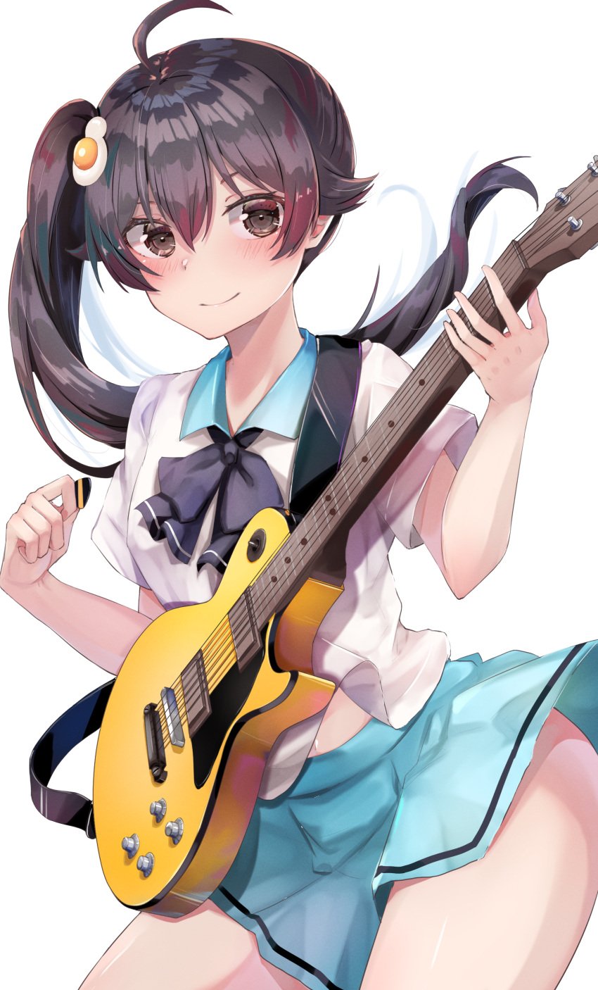 1girls absurdres ahoge araragi_karen ass bangs black_bow black_bowtie black_hair black_neckwear blue_sailor_collar blue_skirt blush bow bowtie breasts brown_eyes egg_hair_ornament electric_guitar female food-themed_hair_ornament food_themed_hair_ornament fried_egg guitar hair_between_eyes hair_ornament highres holding holding_instrument holding_plectrum instrument looking_at_viewer monogatari_(series) playing_instrument plectrum sailor_collar school_uniform serafuku side_ponytail skirt small_breasts smile solo w_arms white_background yuunamida_uyu