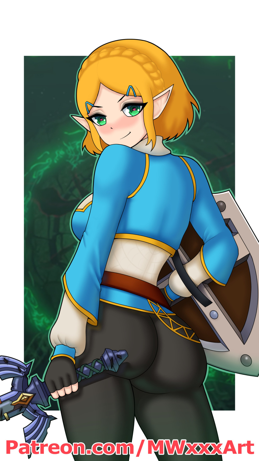 1girls ass blonde_hair blush breath_of_the_wild clothed clothing female fully_clothed green_eyes heart-shaped_pupils hylian looking_at_viewer looking_over_shoulder master_sword mwxxxart princess_zelda shield short_hair solo sword tears_of_the_kingdom the_legend_of_zelda zelda_(tears_of_the_kingdom)