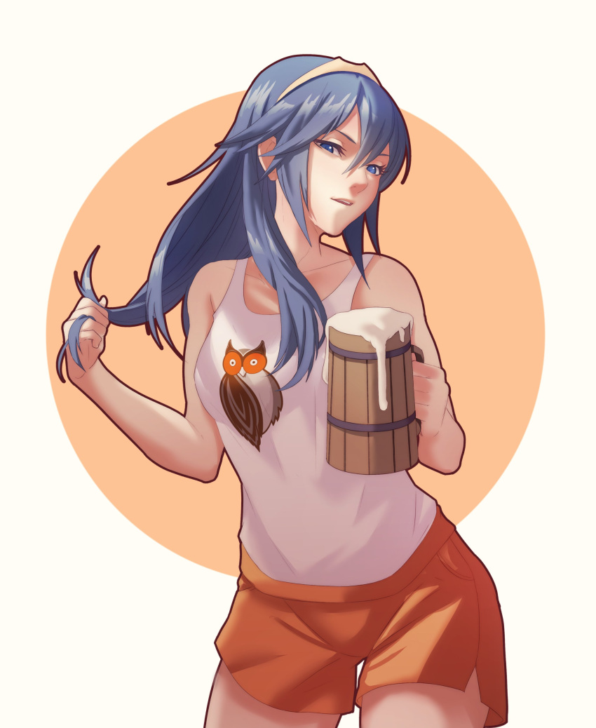 1girls absurdres alcohol alternate_costume beer beer_mug bird blue_eyes blue_hair breasts clothed collarbone cup drink fire_emblem fire_emblem_awakening highres hooters hooters_uniform long_hair looking_at_viewer lucina_(fire_emblem) mug nintendo open_mouth owl playing_with_hair playing_with_own_hair pomelomelon shorts small_breasts solo tank_top tiara