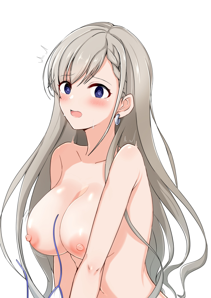 ^^^ absurdres bikini bikini_top blue_eyes breasts earrings eyebrows_visible_through_hair female grey_hair highres hisakawa_hayate idolmaster idolmaster_cinderella_girls jewelry large_breasts long_hair nipples nude open_mouth raindrop746079 simple_background solo swimsuit upper_body white_background