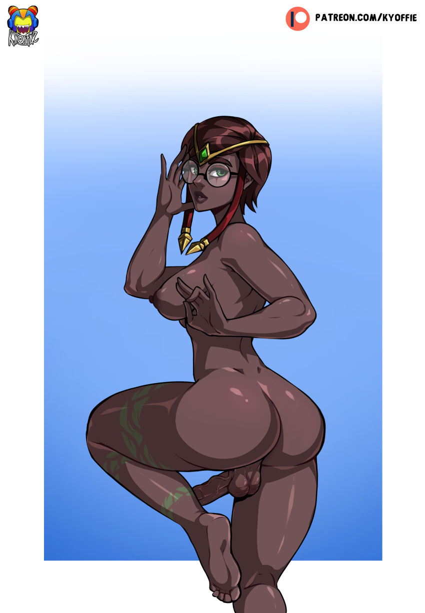 1futa areolae back back_view backsack balls barefoot big_ass big_breasts big_penis breasts brown_skin da_đen dark-skinned_futa dark-skinned_futanari dark_skin dickgirl erection futa_balls futa_only futanari glasses hair_ornament human intersex karma_(league_of_legends) kyoffie league_of_legends looking_back nipples nude penis solo standing standing_on_one_leg tagme veiny_penis