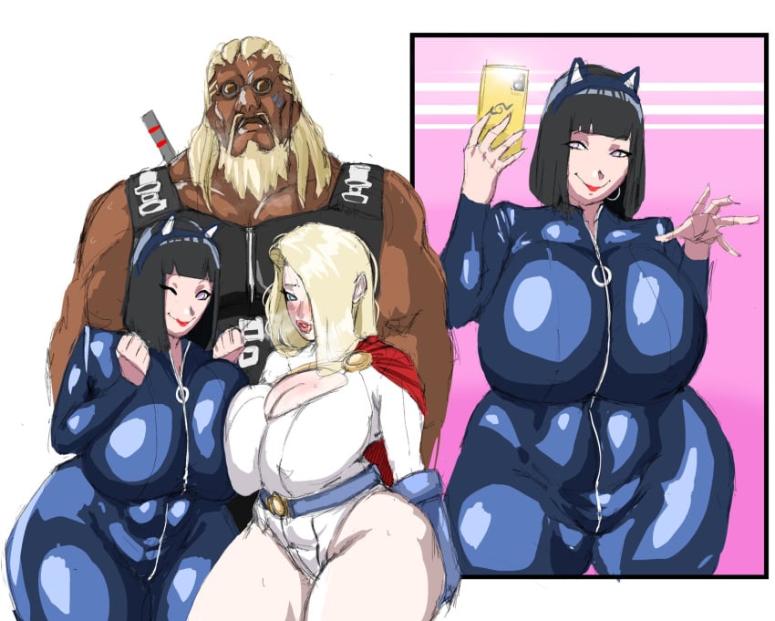 1boy 2girls alternate_breast_size big_breasts bodysuit boruto:_naruto_next_generations breasts cosplay crossover_cosplay dark-skinned_male dc female huge_breasts hyuuga_hinata ino_yamanaka killer_bee large_breasts male milf naruto naruto_(series) power_girl_(cosplay) standing thick_thighs thighs tight_clothing venus_body voluptuous wide_hips zetomeso