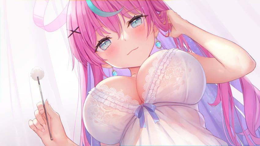 big_breasts blush breasts cleavage female female_only hoshina_rulia indie_virtual_youtuber munuu negligee nightgown pink_hair solo solo_female virtual_youtuber