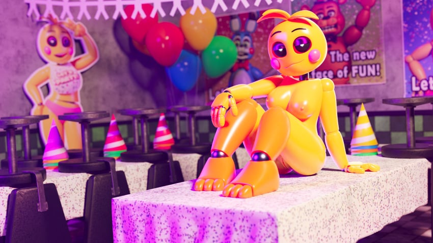 3d 3d_(artwork) ashleyorange bird_humanoid chicken eyeshadow five_nights_at_freddy's five_nights_at_freddy's_2 looking_at_viewer orange_feet relaxing robot robot_girl solo solo_female solo_focus toy_chica_(ashleyorange) toy_chica_(fnaf) white_eyes yellow_feathers yellow_skin