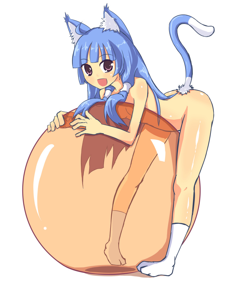 animal_ears ball bangs blue_hair blunt_bangs cat_tail exercise_ball female hair_tubes high_resolution kannagi kendo_(artist) long_hair nagi nekomimi no_bra nopan orange_ball solo tabi tail very_high_resolution wafuku