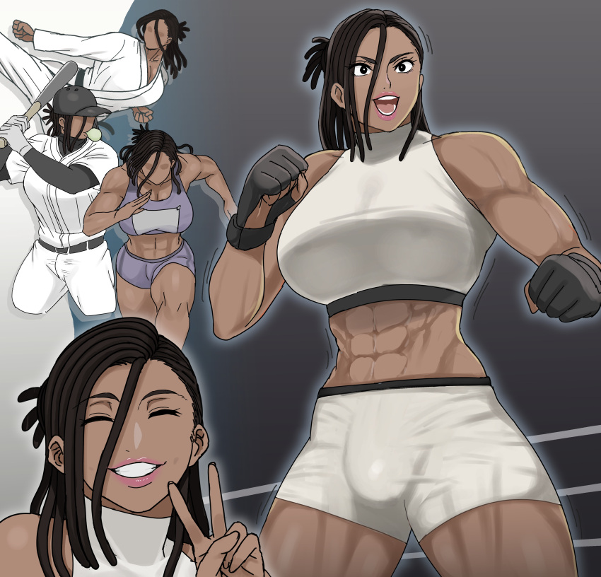 abs baseball baseball_bat baseball_cap black_hair blue_eyes dark-skinned_female dark_skin female fit_futanari futanari guhanshounen jessica_(guhanshounen) karate muscular muscular_female patreon_reward v_sign