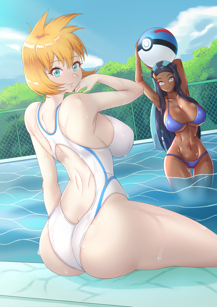 2girls aged_up ass big_ass big_breasts bikini blue_eyes breasts dufreyjupiter female female_only kasumi_(pokemon) long_hair looking_at_viewer looking_back misty_(pokemon_hgss) multiple_girls nessa_(pokemon) nintendo orange_hair pokemon pokemon_gsc pokemon_hgss pokemon_ss pool short_hair sitting swimsuit thick_thighs thighs two_tone_hair