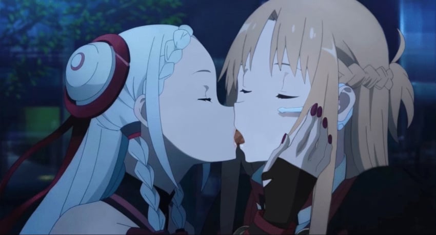 animated animated_gif edit french_kiss kissing screenshot_edit shigemura_yuuna sword_art_online yuna_(sao) yuri yuuki_asuna