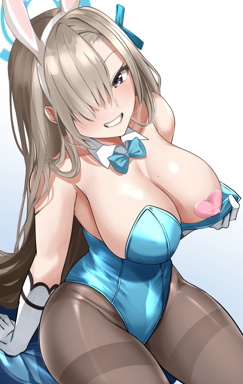 1girls 2021 :d akihila animal_ears asuna_(blue_archive) asuna_(bunny)_(blue_archive) bare_shoulders blue_archive blue_bow blue_bowtie blue_leotard bow bowtie breasts brown_hair brown_legwear brown_pantyhose cleavage covered_erect_nipples covered_nipples detached_collar fake_animal_ears female female_focus female_only gloves grey_eyes grin hairband heart_pasties highres large_breasts leotard leotard_pull long_hair looking_at_viewer mole mole_on_breast open_mouth pantyhose pasties pink_heart_pasties pink_pasties playboy_bunny pulled_by_self pulling_own_clothes rabbit_ears sakuma_shiiya simple_background sitting smile solo solo_female strapless strapless_leotard teeth thighband_pantyhose traditional_bowtie very_long_hair white_background white_gloves white_hairband