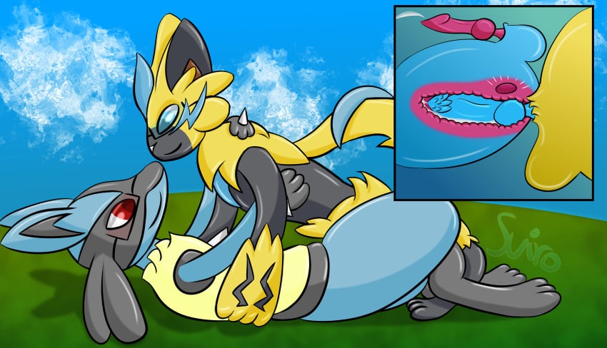 absurd_res anthro bodily_fluids cum cum_inside duo ejaculation genital_fluids hi_res internal legendary_pok&eacute;mon lucario male male/male nintendo pokemon pokemon_(species) suiro video_games zeraora