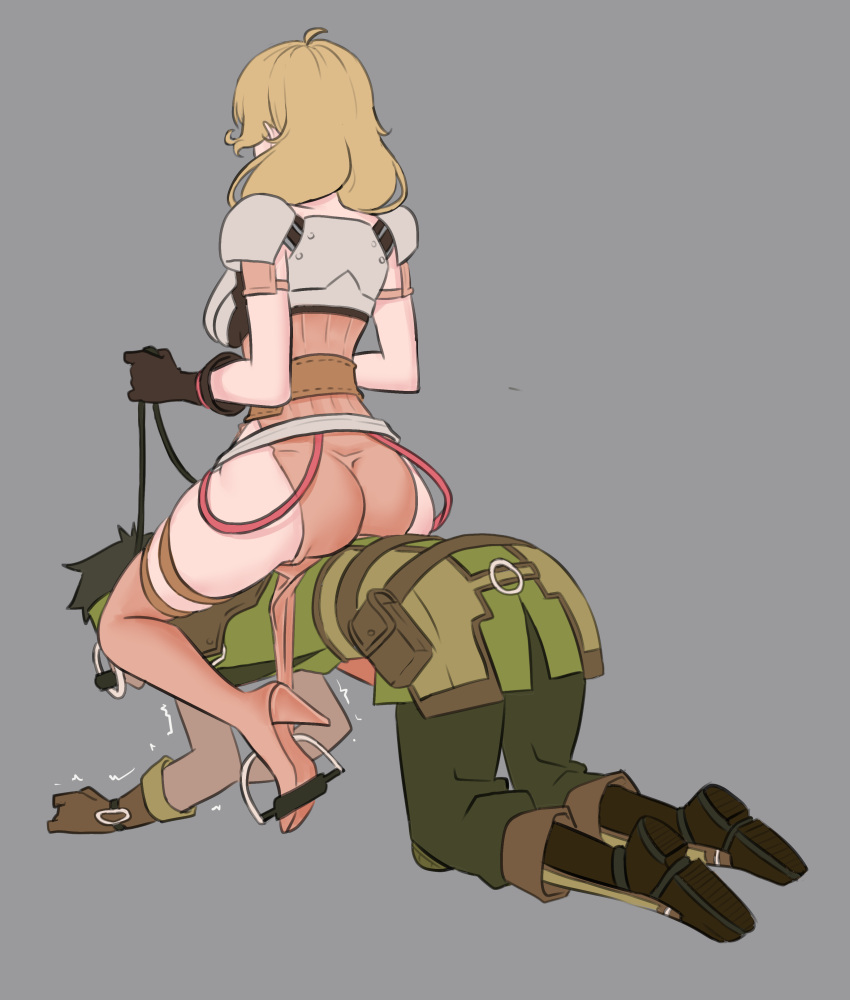 1boy 1girls armada971 ass back_view bar_gag bare_arms bare_thighs big_ass brown_hair ceased_resistance dark-skinned_male dark_skin faye_(fire_emblem) femdom fire_emblem fire_emblem_echoes:_shadows_of_valentia gag glowing gray_(fire_emblem) grey_background grumpy_sub high_heels long_hair malesub nintendo pelvic_curtain petplay ponyplay riding riding_on_back sitting sitting_on_person sitting_on_sub thighhighs thighs trembling