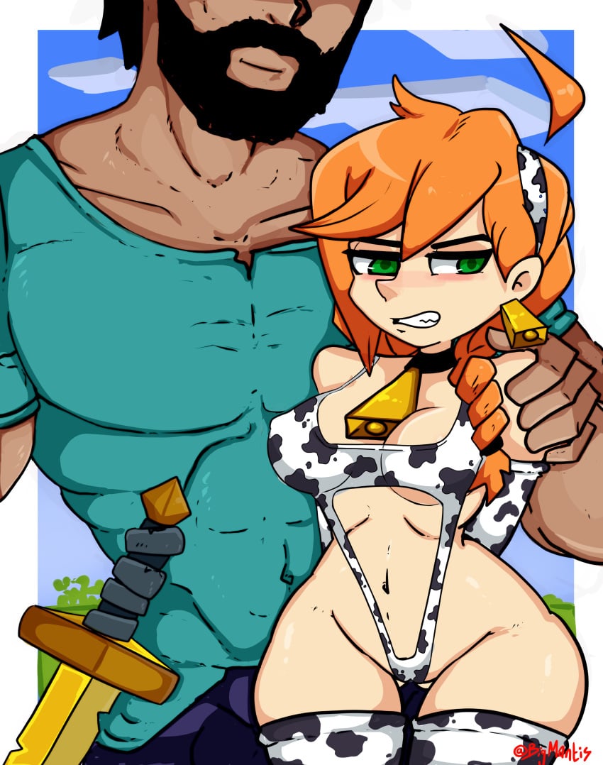 1boy 1girls alex_(minecraft) arm_around_shoulder arm_around_shoulders bell bell_collar bell_earrings bigmantis bikini braided_hair breasts clothed_male clothing cow_print cow_print_bikini cow_print_legwear cow_print_thighhighs cowbell dark-skinned_male dark_skin earrings female green_eyes light-skinned_female light_skin male minecraft necklace orange_hair pubic_hair red_hair sling_bikini steve_(minecraft) wide_hips