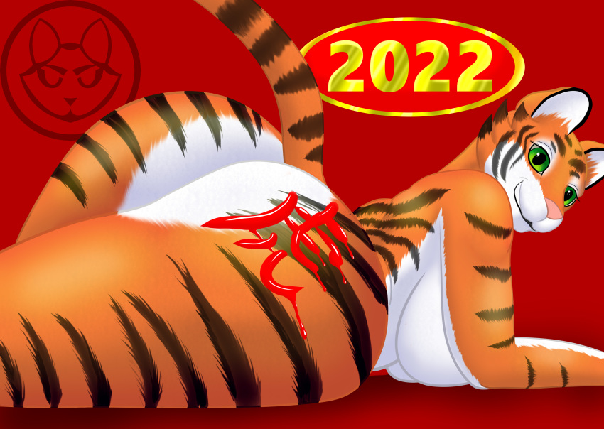 2022 absurd_res anthro ass big_butt breasts chinese_zodiac felid female fur green_eyes hi_res holidays mammal mike_santos multicolored_body multicolored_fur new_year nude pantherine smile solo tiger year_of_the_tiger