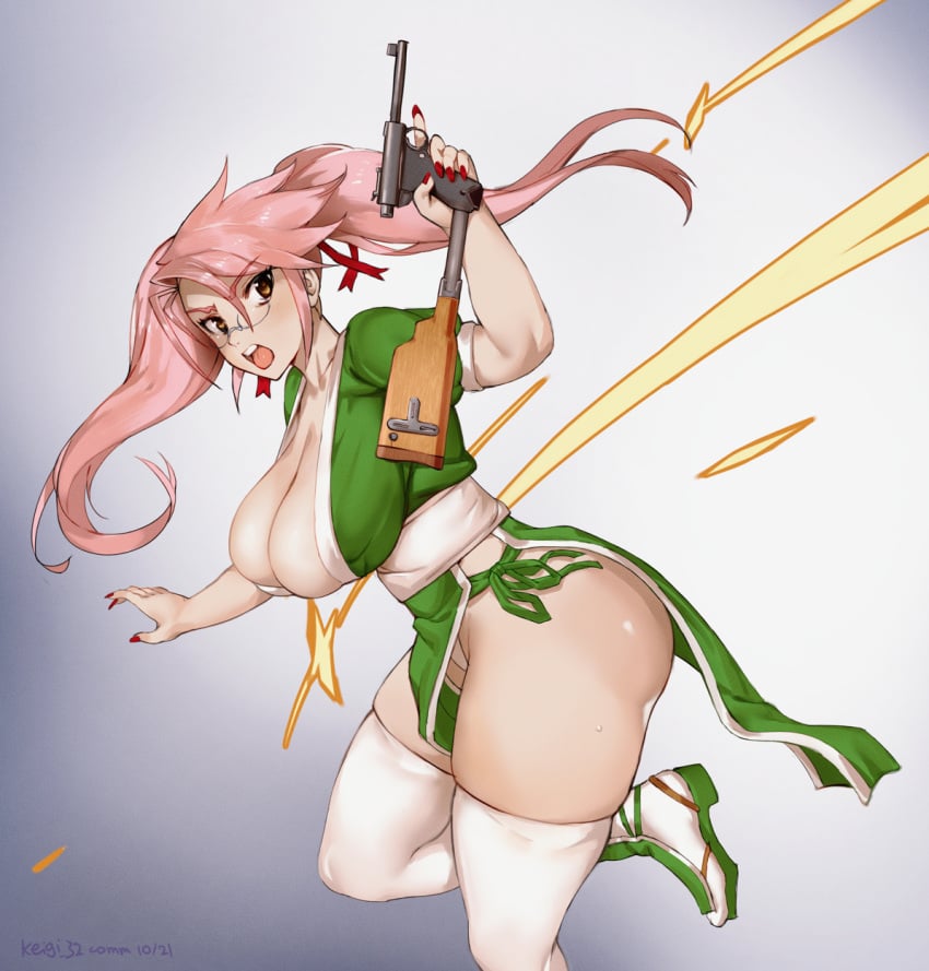 breasts clothed cosplay dead_or_alive glasses gun highschool_of_the_dead huge_breasts huge_thighs kasumi_(doa) kasumi_(doa)_(cosplay) keigi_(artist) nambu14 nambu_pistol nambu_type_14 ninja pantyshot pink_eyes pink_hair pistol red_nails saya_takagi thick_thighs thighhighs trigger_discipline twintails white_legwear