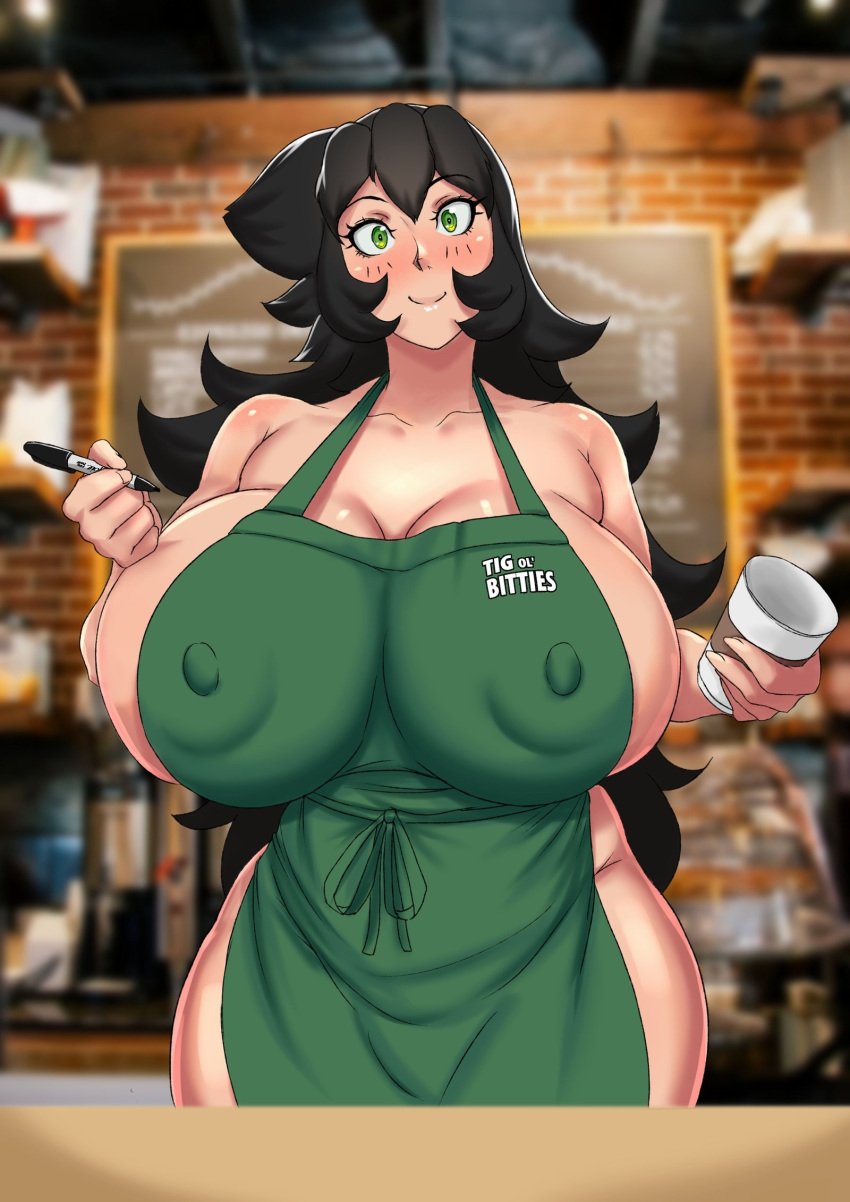 apron black_hair breasts cafe cup curvy green_eyes huge_breasts iced_latte_with_breast_milk long_hair marina_(mkonstantinov) meme mkonstantinov naked_apron nipple_bulge pen sideboob wide_hips