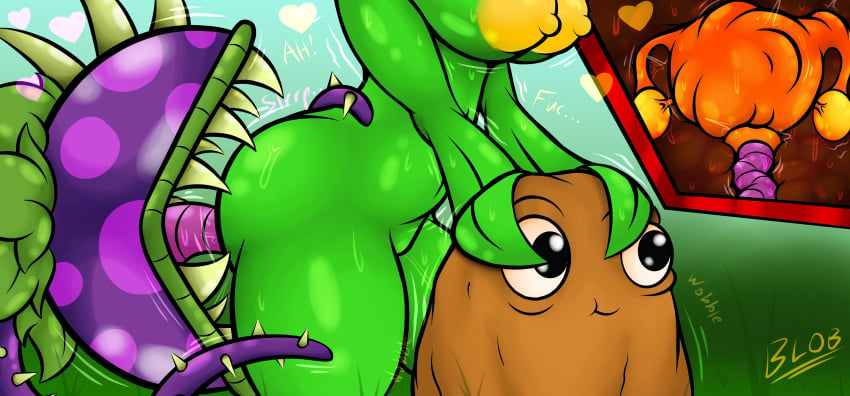 anthro blobslimey chomper_(pvz) cunnilingus deep_cunnilingus female highres naked outside plant plantie plantie_on_plantie plants_vs_zombies plants_vs_zombies:_heroes simple_background solar_flare_(pvz) tongue_in_pussy tongue_in_urethra tongue_penetration vaginal_penetration wall-nut_(pvz)