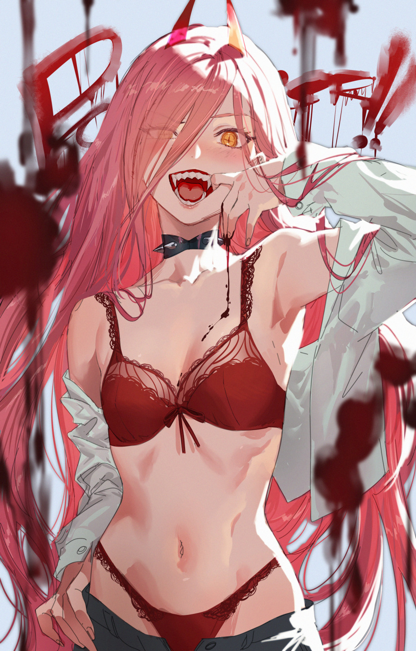 armpits blood bra chainsaw_man fangs horns lingerie looking_at_viewer midriff open_mouth panties pink_hair power_(chainsaw_man) red_bra red_panties salmon88 shirt symbol-shaped_pupils yellow_eyes